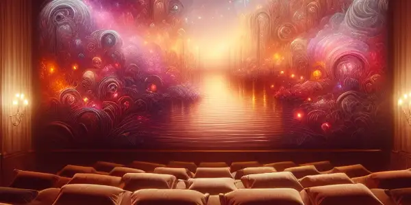 A cozy, dimly lit room with plush cushions, an ornate screen, and elements representing sound, creating an intimate atmosphere.