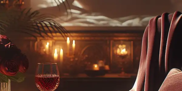 A cozy, intimate reading nook featuring an open erotic novel, red wine, and soft lighting, evoking sensual allure.
