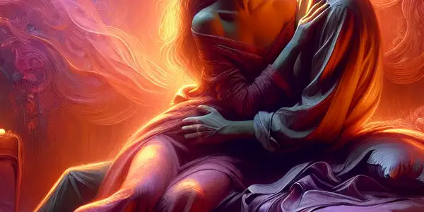 A passionate couple embraces in a dimly lit room, surrounded by romantic decor and ethereal emotional representations.