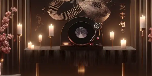 A dimly lit room with elegant decor, a record player, and a couple dancing, evoking intimacy and romance.