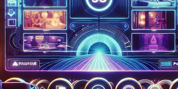 A sleek, high-tech adult streaming platform interface in a cozy, dimly lit room with plush furniture.