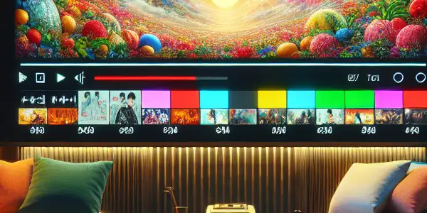 A cozy, dimly lit room featuring a large screen with abstract Korean cinema visuals and inviting decor.