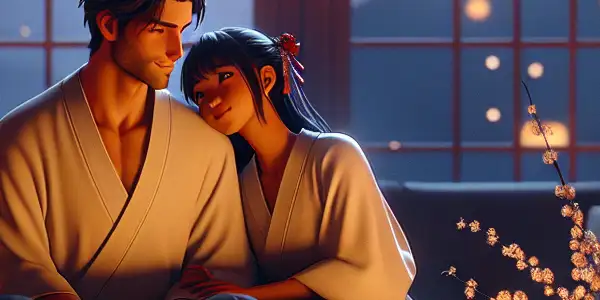 A cozy, intimate scene of a couple embracing in a softly lit room, surrounded by romantic details.