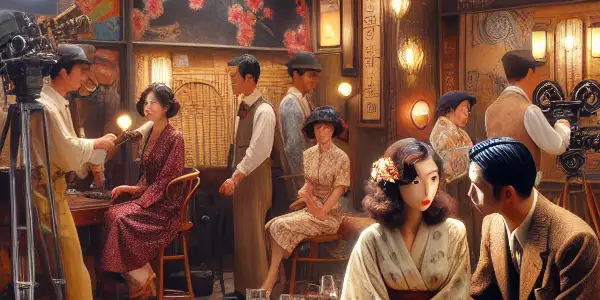 A vibrant 1970s film set showcasing a passionate romance between actors, with diverse cultural elements and nostalgic decor.