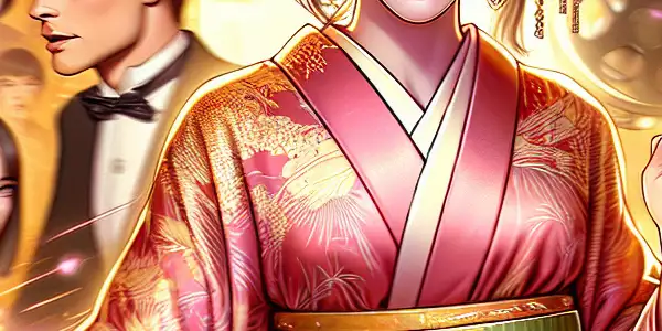 A dynamic studio scene featuring a playful, alluring figure inspired by Japanese adult film actresses amidst colorful lights and cherry blossoms.