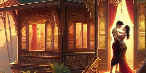 A passionate couple embraces in a luxurious Thai villa, surrounded by lush plants and ornate architecture at sunset.