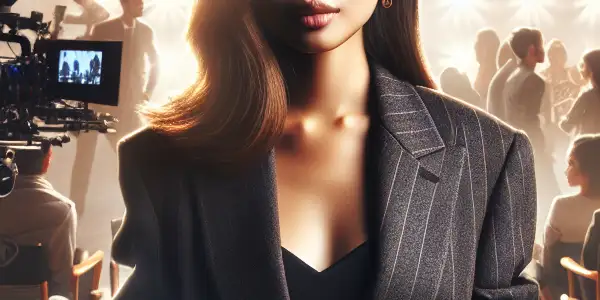 A confident Asian actress on a bustling film set, symbolizing her entry into the adult film industry.