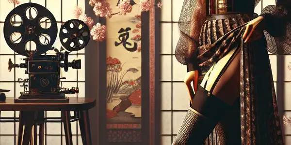 A graceful figure in sheer black stockings poses in an elegant, softly lit room with vintage film elements.