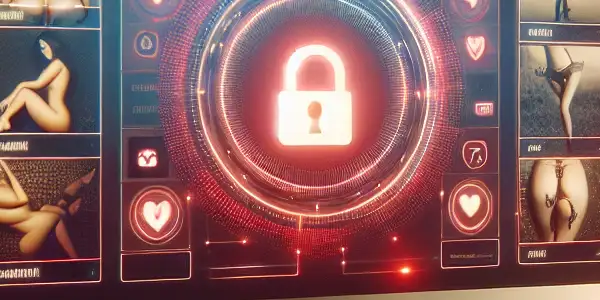 A modern computer screen displaying an upscale adult entertainment website, surrounded by ambient lighting and privacy symbols.