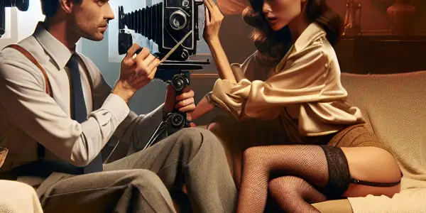 A cozy, intimate room featuring two characters in playful interaction, with a vintage camera capturing the moment.