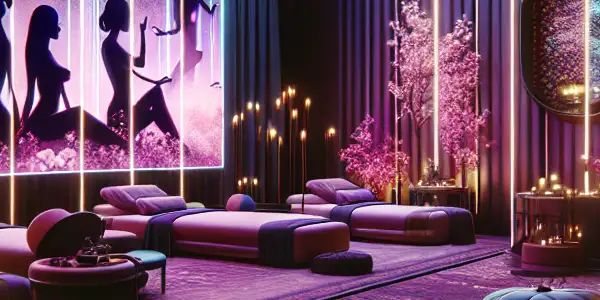 A luxurious virtual adult spa with ambient lighting, massage tables, and abstract visuals creating an intimate atmosphere.