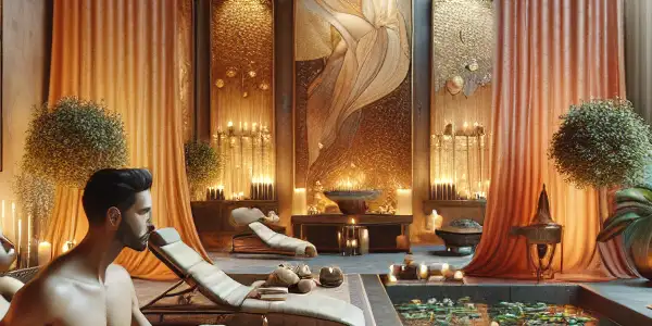 A luxurious adult spa scene featuring relaxation therapies, elegant decor, ambient lighting, and soothing water features.