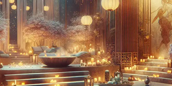 Luxurious spa environment with a serene hot tub, ambient lighting, and subtle hints of adult allure and Japanese culture.