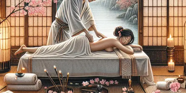 A serene Japanese spa scene featuring a massage therapist and a client, surrounded by calming decor and cherry blossoms.