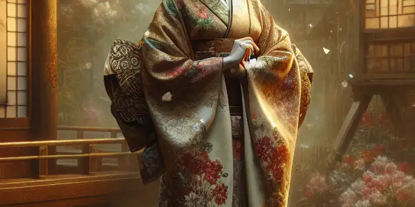 A Japanese woman in a floral kimono stands in a serene cherry blossom garden, surrounded by traditional architecture.