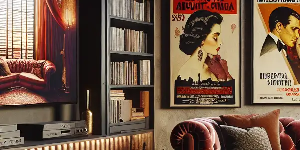 Luxurious dimly lit room featuring a velvet chaise lounge, vintage adult film posters, and a modern TV displaying sensual art.