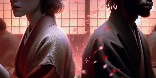 A dimly-lit room with a female and male character embodying emotional surrender, surrounded by traditional Japanese decor and symbolism.