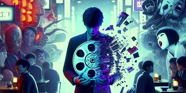A surreal urban scene featuring a character with a broken film reel, critiquing the adult film industry's exploitation.