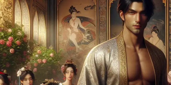 A charismatic man surrounded by elegantly dressed women in a luxurious ancient palace harem setting.