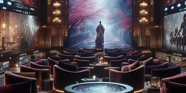 A luxurious, dimly-lit room showcasing high-tech screens of diverse adult films with plush furnishings and ambient lighting.