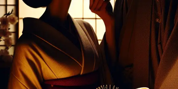 A dimly lit izakaya scene featuring a fugu dish, with silhouettes of a couple in a seductive embrace.