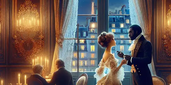 An intimate 18th-century Parisian salon with a couple engaged in deep conversation, surrounded by opulent decor and candlelight.