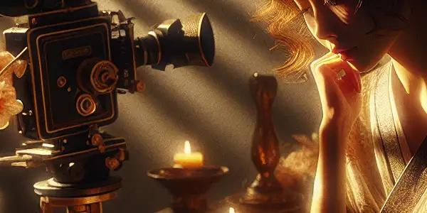 A dreamy, intimate scene inspired by classic Japanese cinema, featuring soft lighting, vintage elements, and romantic motifs.