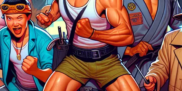 A diverse team of exaggerated action heroes in a colorful, humorous, and chaotic adventure scene.