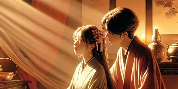 A couple in a passionate embrace, surrounded by silk sheets and candles in an intimate, warmly lit room.