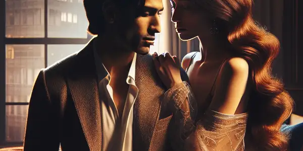 A couple shares an intimate moment in a luxurious bedroom, with a romantic cityscape visible through a large window.