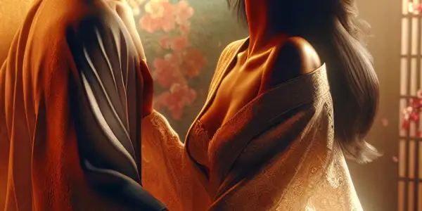 A couple in a warm, intimate setting embraces passionately amidst Japanese-inspired decor and cherry blossoms.