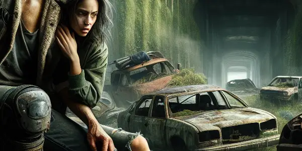 A rugged man and woman share an intimate moment in a post-apocalyptic, overgrown urban landscape.